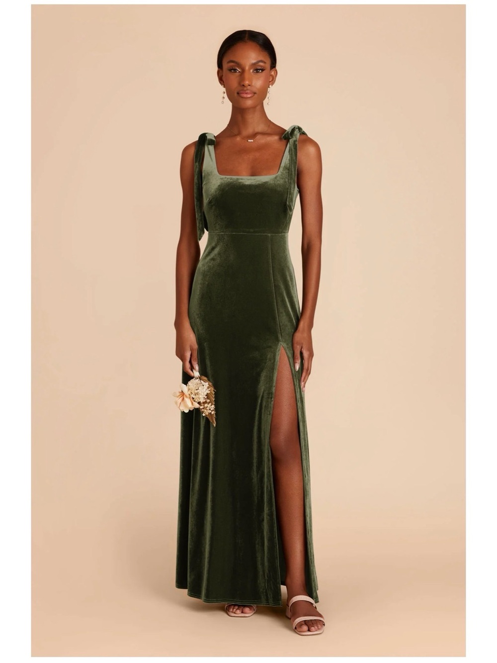 Birdy Grey Olive Velvet Maxi Dress with Tie Straps